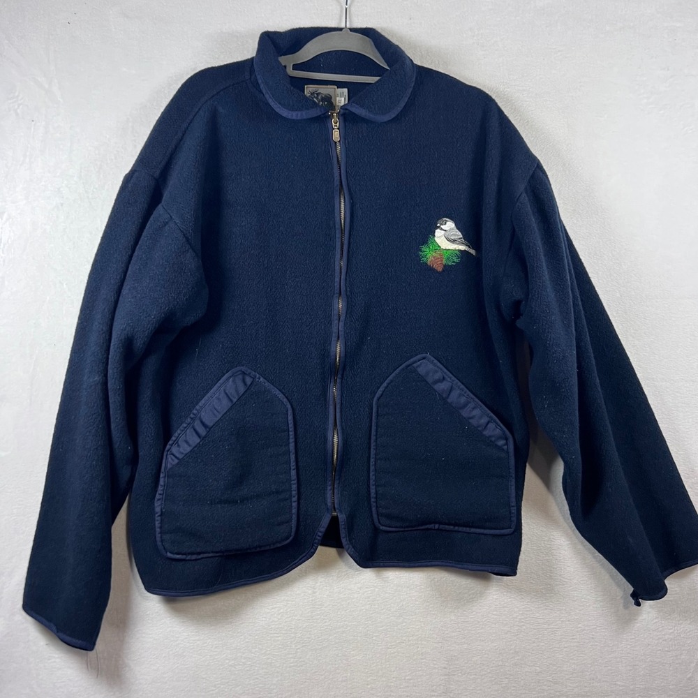 Vintage Cabin Fever Navy Blue Fleece Full Zip Jacket Embroidered Chickadee XL
